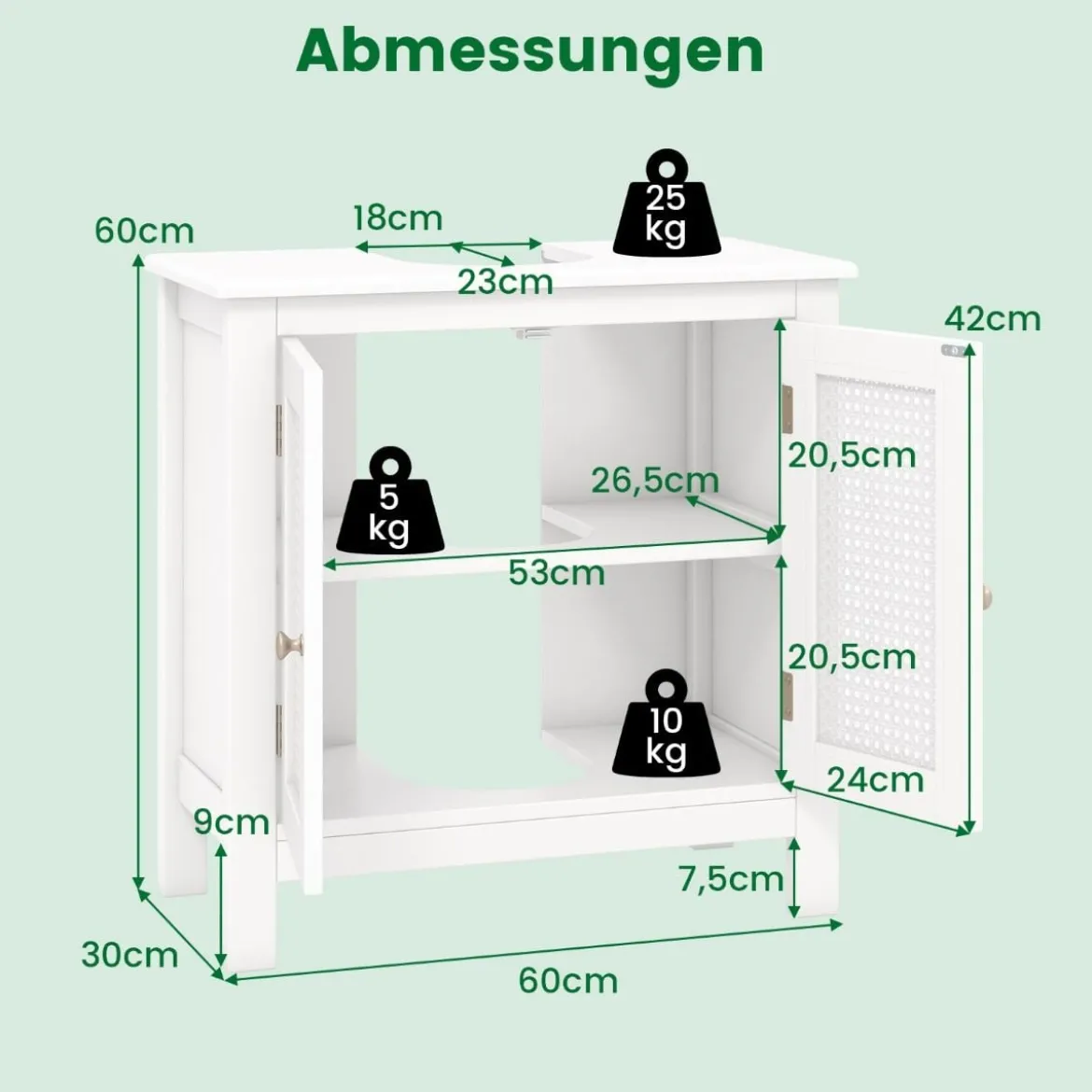 Waschbeckenunterschrank Badezimmerschrank mit 2 Türen Rattantür Weiß 60 x 30 x 60 cm