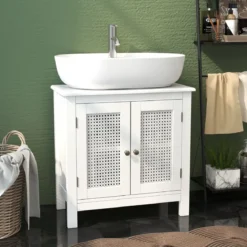 Waschbeckenunterschrank Badezimmerschrank mit 2 Türen Rattantür Weiß 60 x 30 x 60 cm