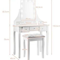 Waschtisch-Set mit rechteckigem Spiegel und Hocker Schminktisch 80 x 40 x 135,5 cm Weiß