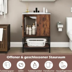 Waschtischunterschrank mit Waschbecken & 2 Türen & Offenem Regal Freistehender Schrank