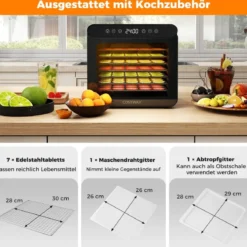 600W Dörrautomat mit 7 Edelstahl-Schalen Dörrgerät mit 24H Timer & 30-75℃ 34 x 40,5 x 32 cm
