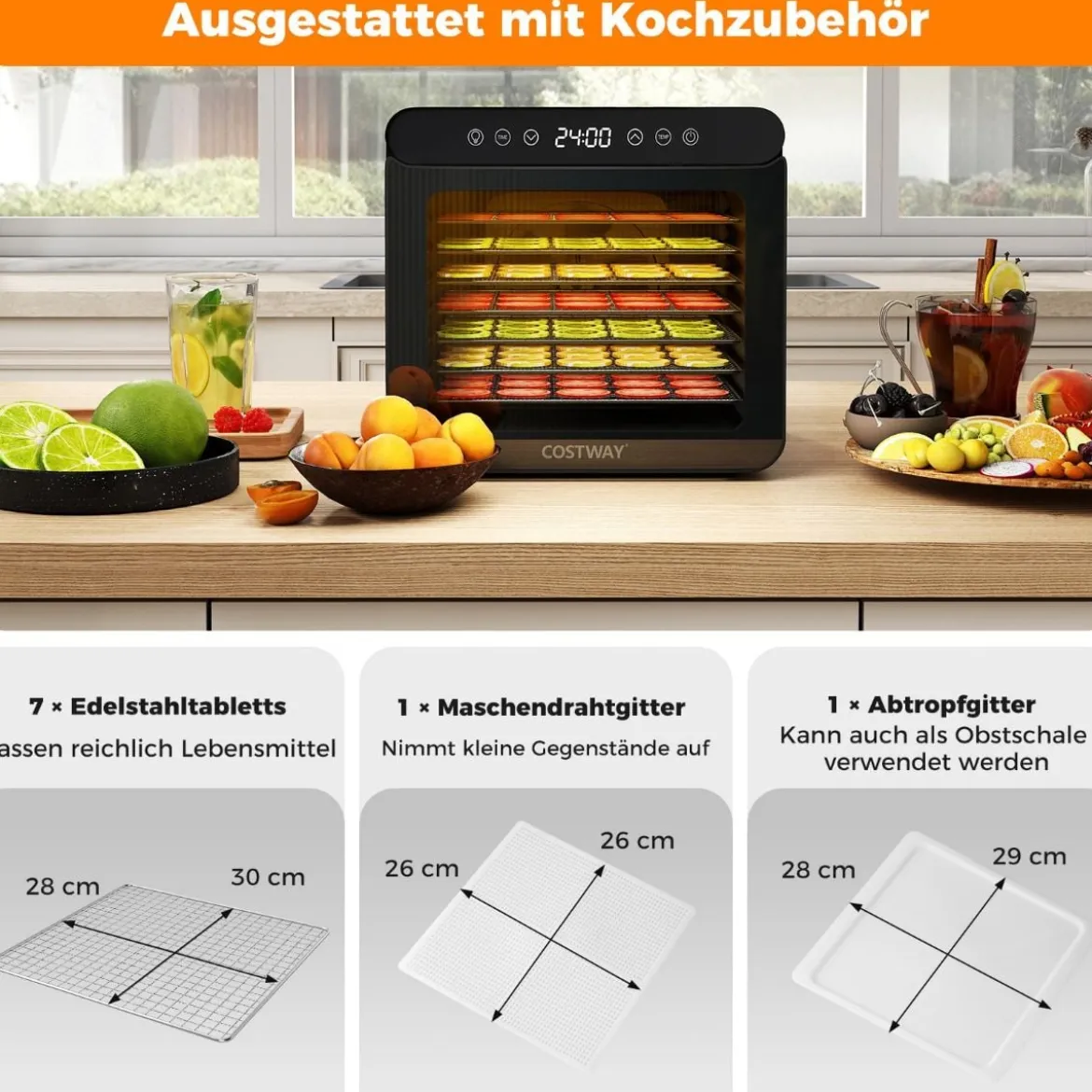 600W Dörrautomat mit 7 Edelstahl-Schalen Dörrgerät mit 24H Timer & 30-75℃ 34 x 40,5 x 32 cm