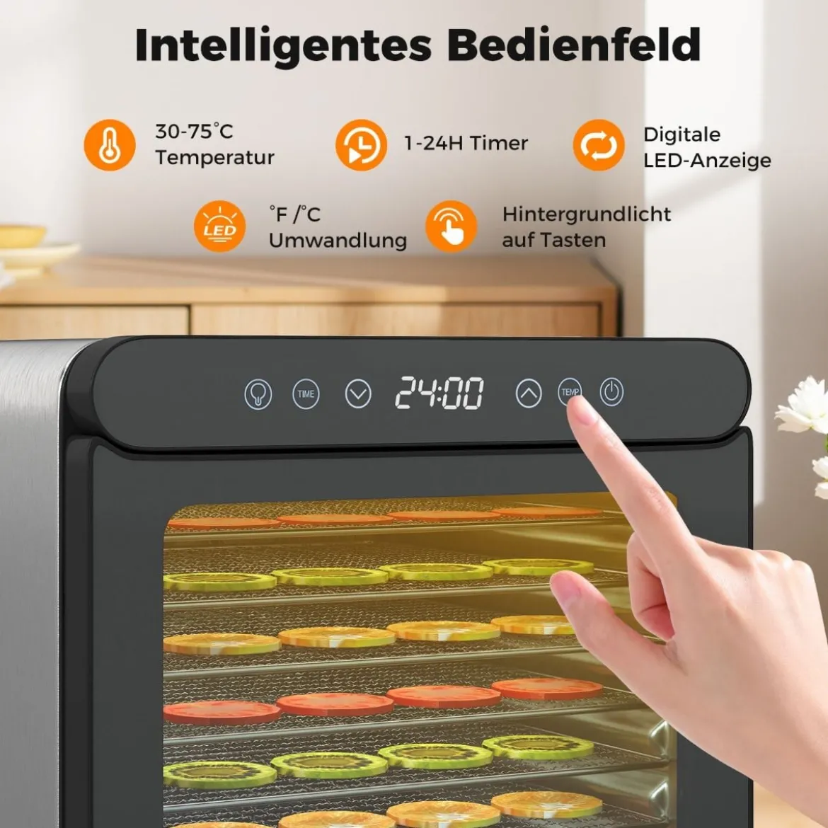 600W Dörrautomat mit 7 Edelstahl-Schalen Dörrgerät mit 24H Timer & 30-75℃ 34 x 40,5 x 32 cm