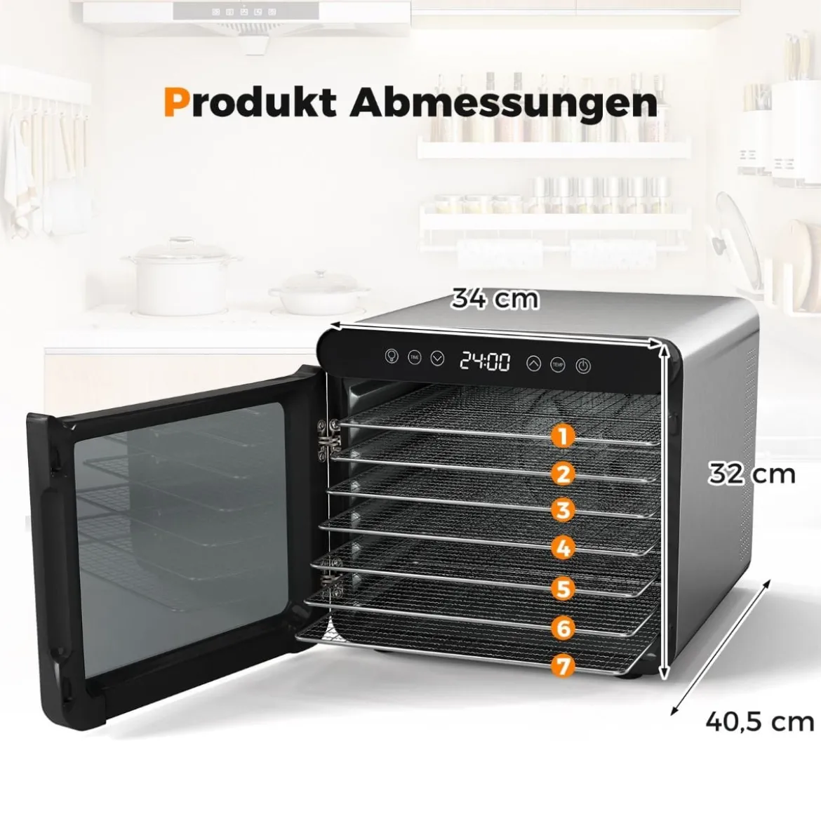 600W Dörrautomat mit 7 Edelstahl-Schalen Dörrgerät mit 24H Timer & 30-75℃ 34 x 40,5 x 32 cm