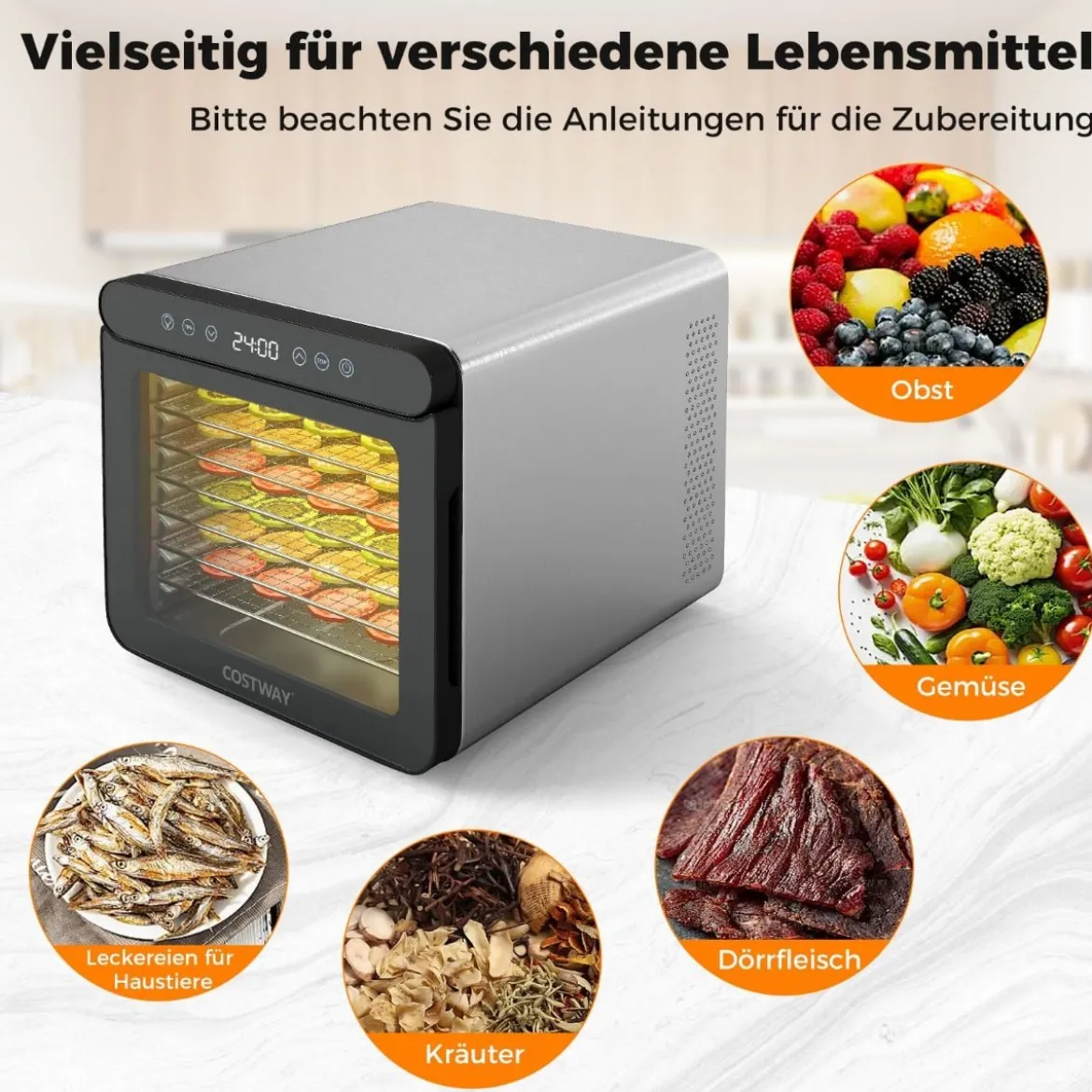 600W Dörrautomat mit 7 Edelstahl-Schalen Dörrgerät mit 24H Timer & 30-75℃ 34 x 40,5 x 32 cm