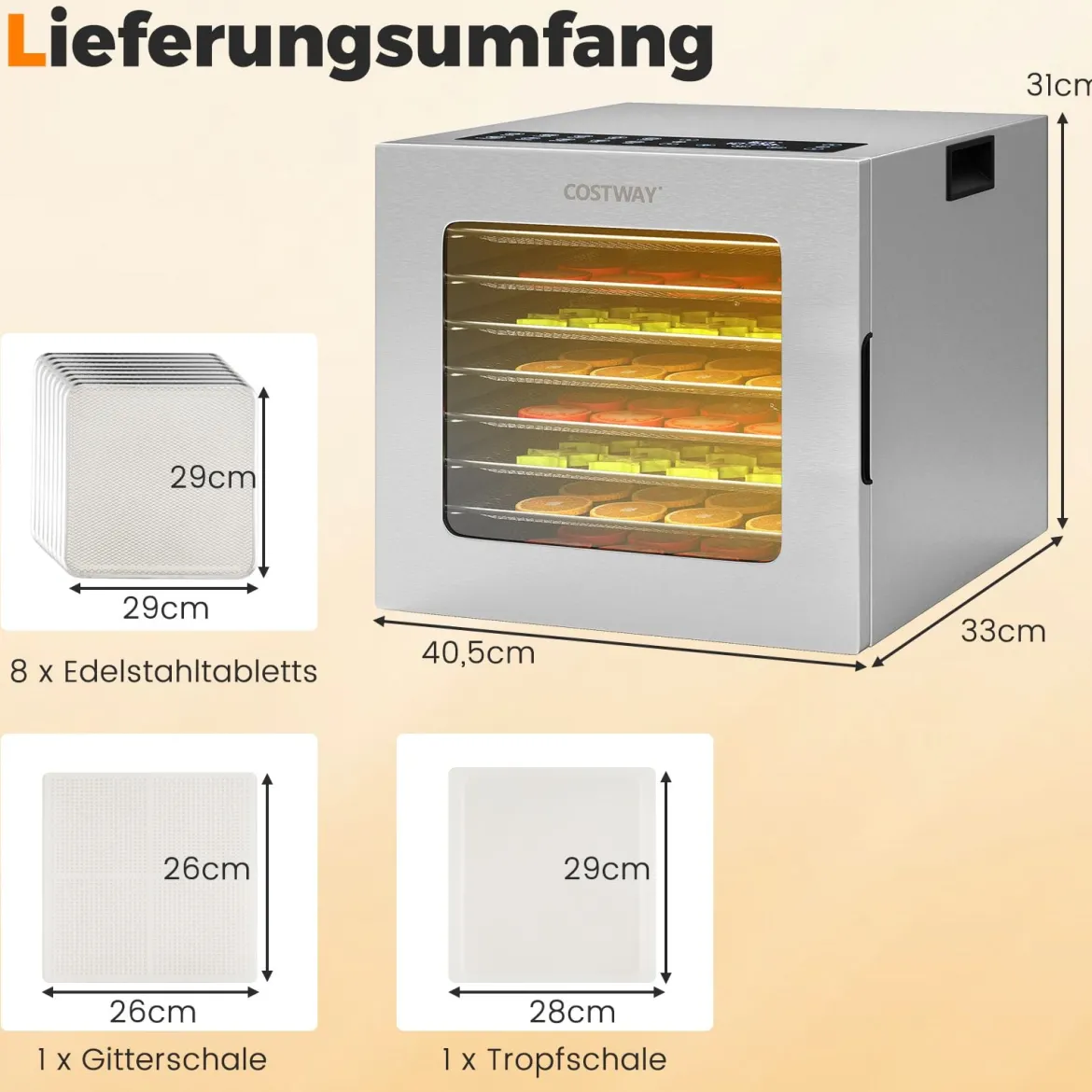 850W Dörrautomat mit 8 Einlegefächer Dörrgerät mit 48H Timer & 35℃-75℃ Temperaturregler Silber