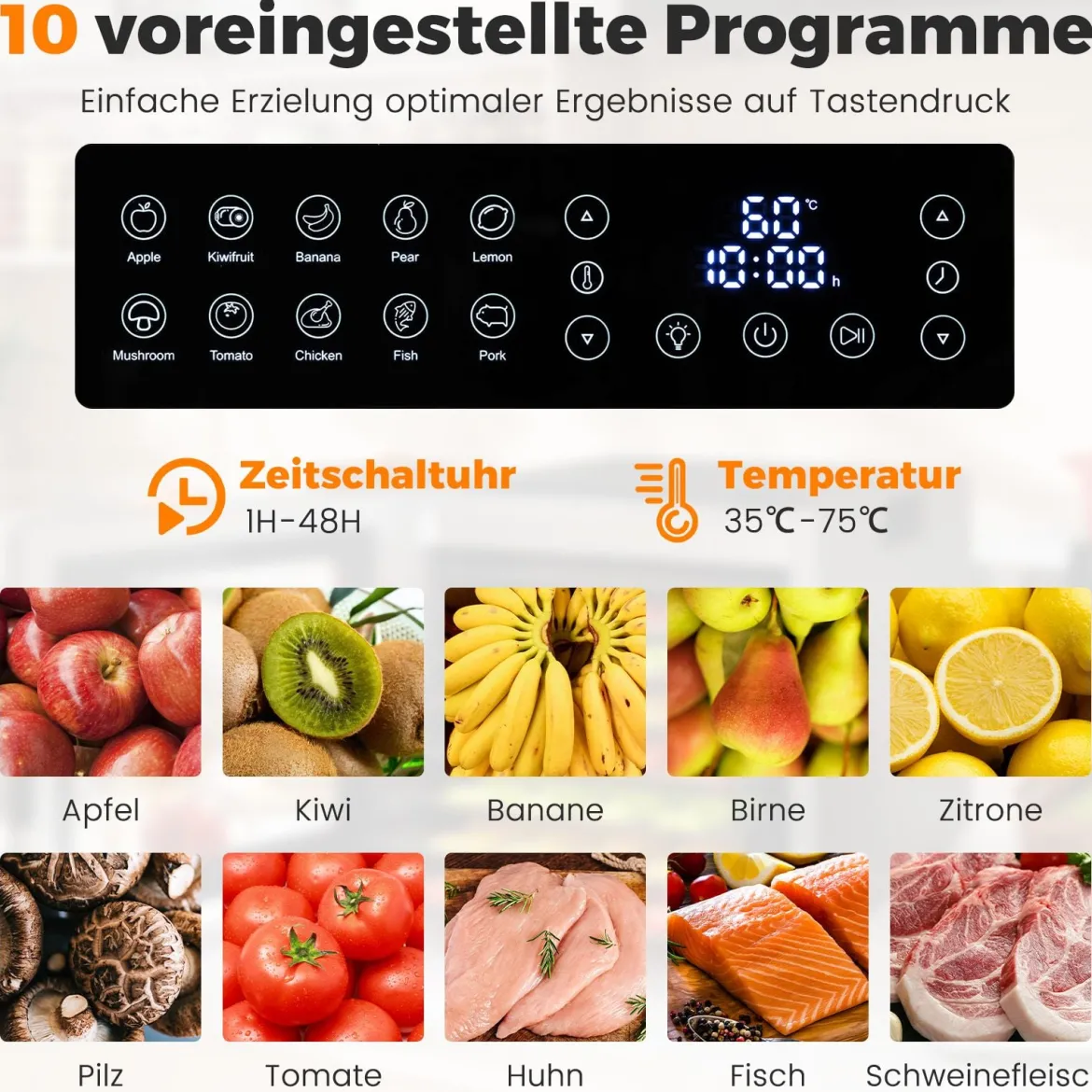 850W Dörrautomat mit 8 Einlegefächer Dörrgerät mit 48H Timer & 35℃-75℃ Temperaturregler Silber