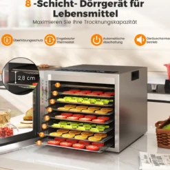 850W Dörrautomat mit 8 Einlegefächer Dörrgerät mit 48H Timer & 35℃-75℃ Temperaturregler Silber