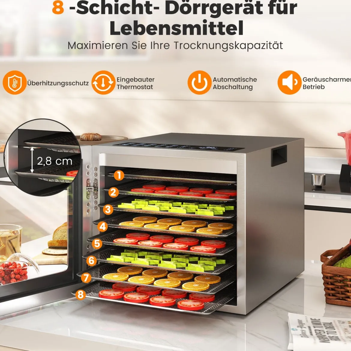 850W Dörrautomat mit 8 Einlegefächer Dörrgerät mit 48H Timer & 35℃-75℃ Temperaturregler Silber
