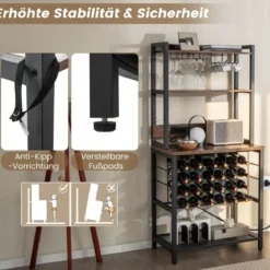Weinbar-Schrank industrielles Weinregal mit 4 Etagen Glashaltern 76 x 48 x 162,5 cm Vintagebraun
