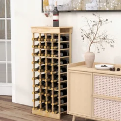 Weinregal aus Massivholz für 40 Flaschen mit Kippschutz & Verstärkten Querstangen Natur