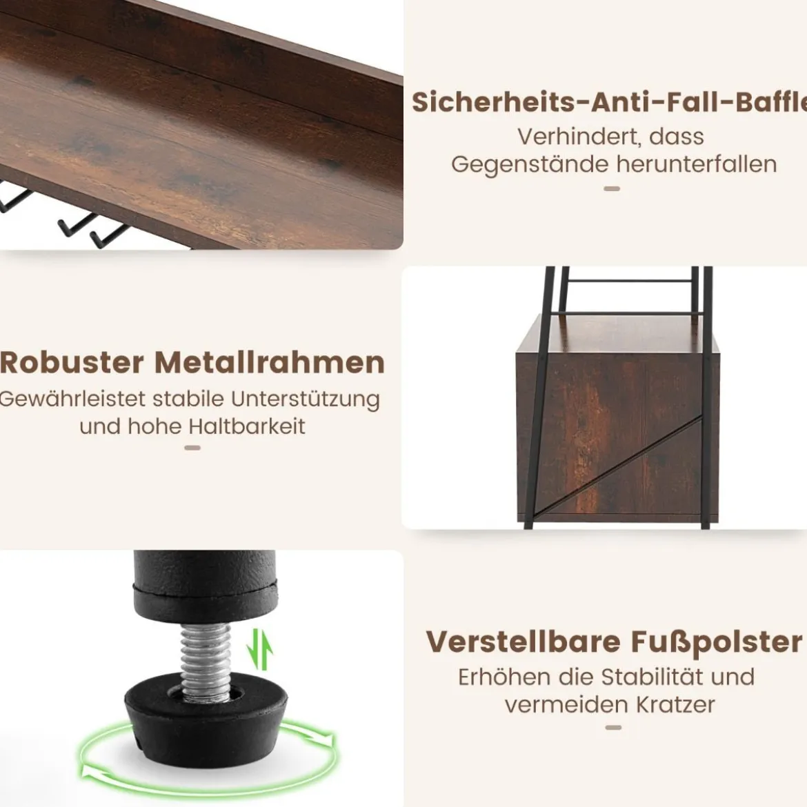 Weinregal Flaschenregal für 18 Flaschen Weinständer mit 5 Weinglashaltern 63 x 32 x 114,5 cm Rustikales Braun