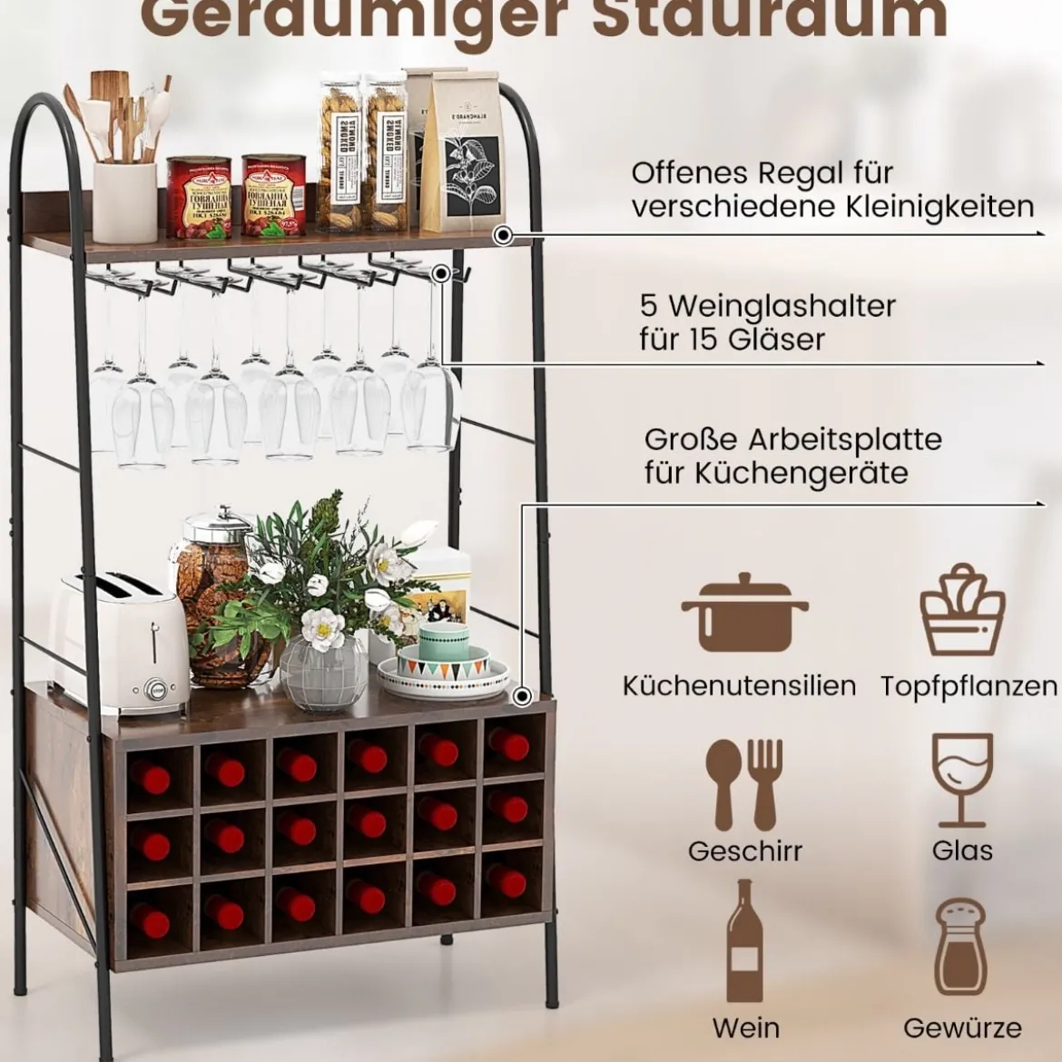 Weinregal Flaschenregal für 18 Flaschen Weinständer mit 5 Weinglashaltern 63 x 32 x 114,5 cm Rustikales Braun