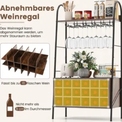 Weinregal Flaschenregal für 18 Flaschen Weinständer mit 5 Weinglashaltern 63 x 32 x 114,5 cm Rustikales Braun