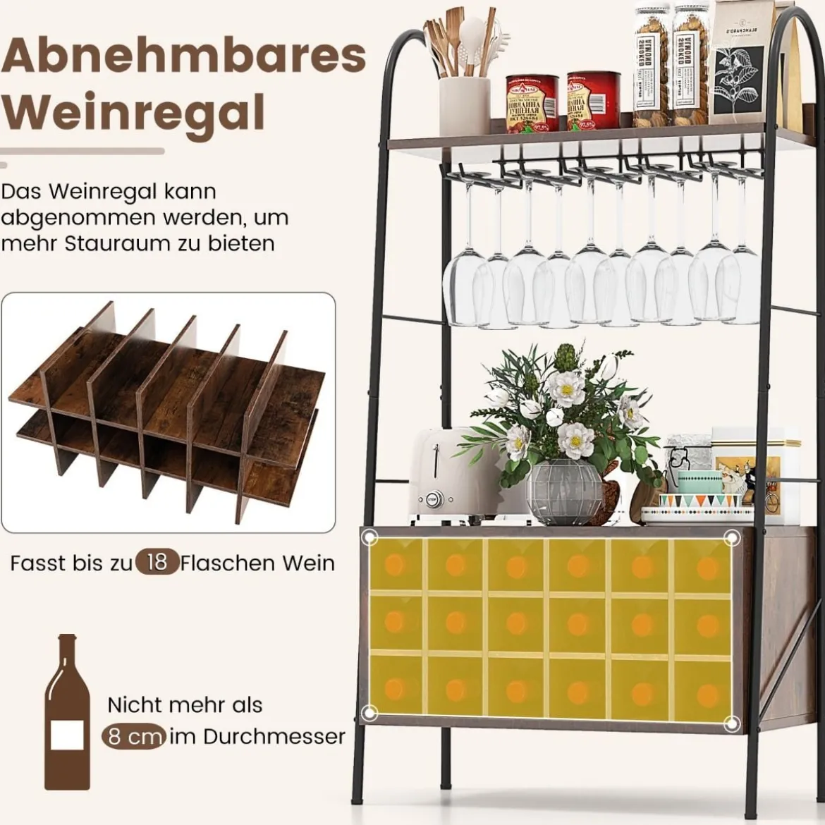 Weinregal Flaschenregal für 18 Flaschen Weinständer mit 5 Weinglashaltern 63 x 32 x 114,5 cm Rustikales Braun