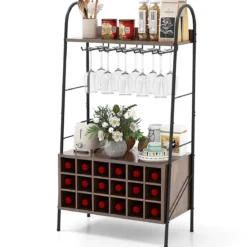 Weinregal Flaschenregal für 18 Flaschen Weinständer mit 5 Weinglashaltern 63 x 32 x 114,5 cm Rustikales Braun