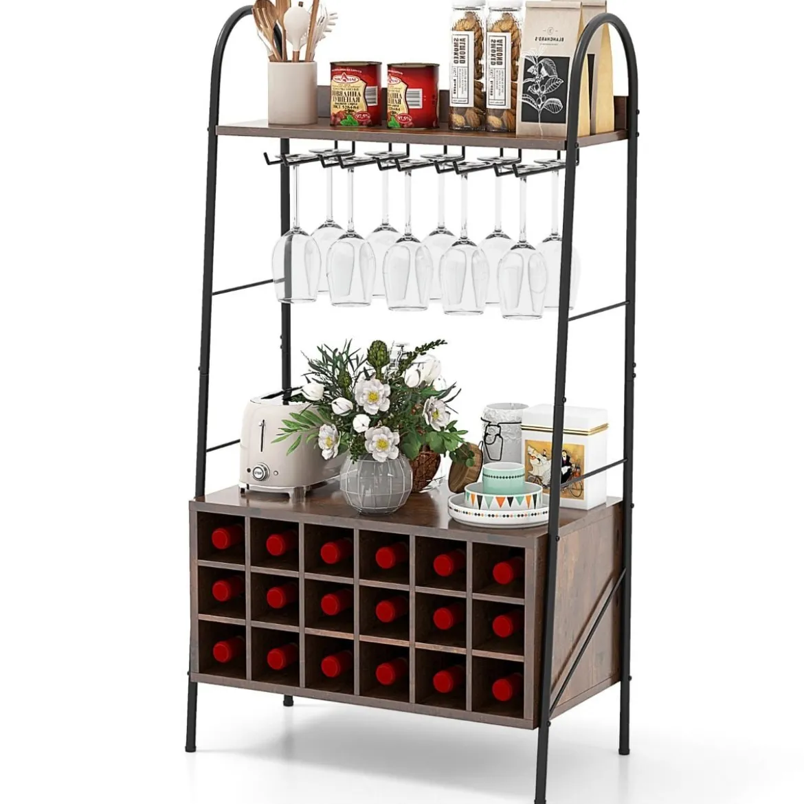 Weinregal Flaschenregal für 18 Flaschen Weinständer mit 5 Weinglashaltern 63 x 32 x 114,5 cm Rustikales Braun