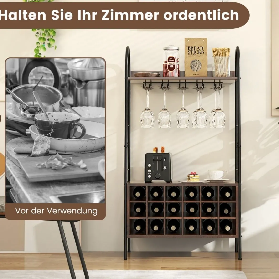 Weinregal Flaschenregal für 18 Flaschen Weinständer mit 5 Weinglashaltern 63 x 32 x 114,5 cm Rustikales Braun