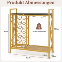 Weinregal für 21 Flaschen Freistehender Flaschenregal mit Glashalter und Tischplatte Weinständer Metall 93 x 38 x 102 cm Gold