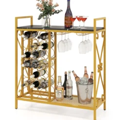 Weinregal für 21 Flaschen Freistehender Flaschenregal mit Glashalter und Tischplatte Weinständer Metall 93 x 38 x 102 cm Gold