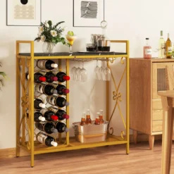 Weinregal für 21 Flaschen Freistehender Flaschenregal mit Glashalter und Tischplatte Weinständer Metall 93 x 38 x 102 cm Gold