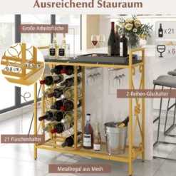Weinregal für 21 Flaschen Freistehender Flaschenregal mit Glashalter und Tischplatte Weinständer Metall 93 x 38 x 102 cm Gold