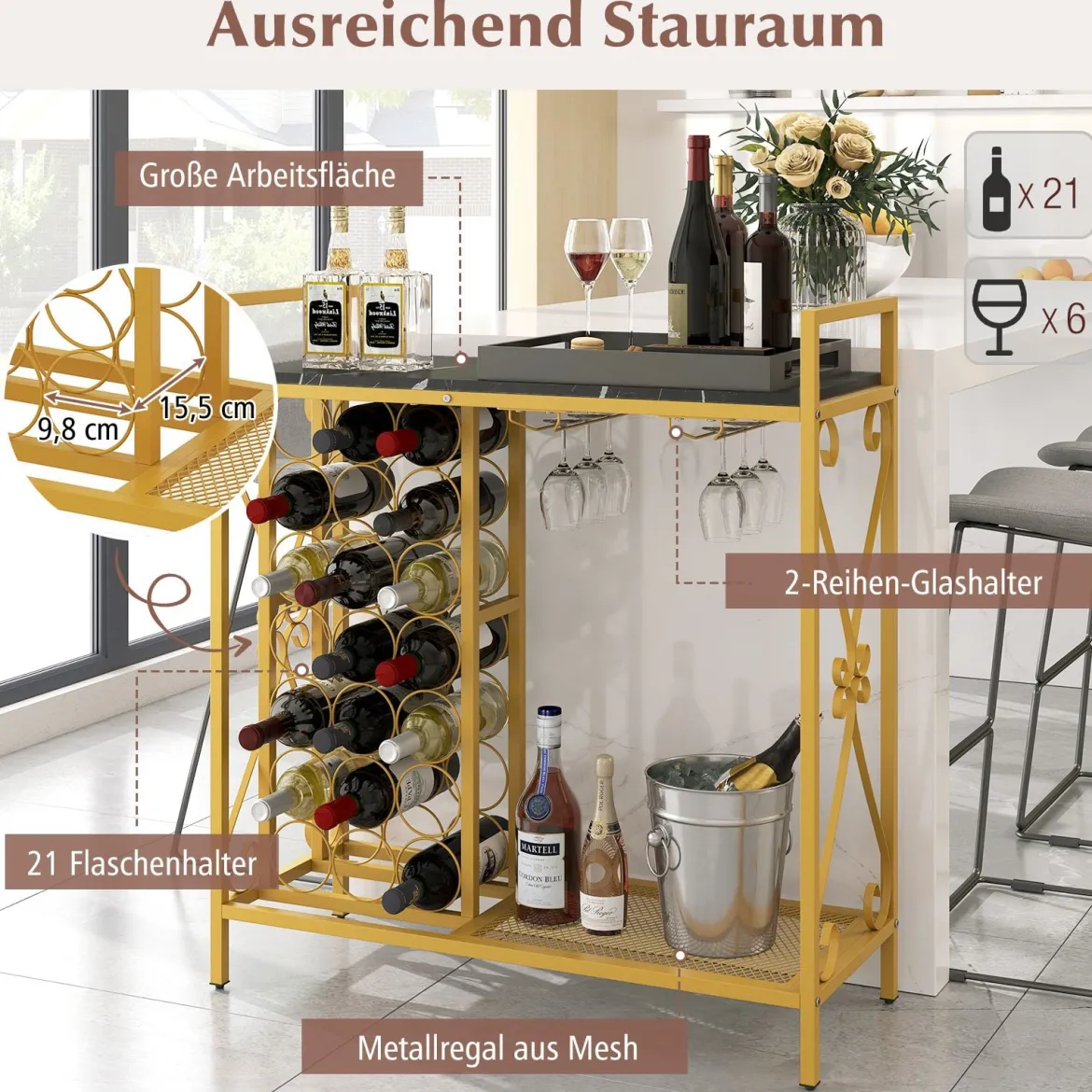 Weinregal für 21 Flaschen Freistehender Flaschenregal mit Glashalter und Tischplatte Weinständer Metall 93 x 38 x 102 cm Gold