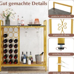 Weinregal für 21 Flaschen Freistehender Flaschenregal mit Glashalter und Tischplatte Weinständer Metall 93 x 38 x 102 cm Gold
