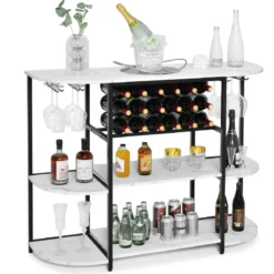 Weinregal mit Glashalter & Regalen 3 Ebenen Flaschenregal für 18 Weinflaschen & 8 Gläser 120 x 40 x 91 cm Weiß