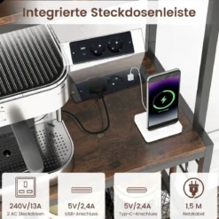 Weinregal mit Steckdose & Glas- & Tassenhaltern & 8 Haken Mikrowellenständer Rustikales Braun