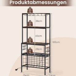 Weinregal mit Steckdose & Glas- & Tassenhaltern & 8 Haken Mikrowellenständer Rustikales Braun