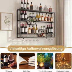 Weinregal Wandmontiertes Flaschenregal mit Glashalter & 3 Ebenen 120 x 20 x 77 cm Schwarz