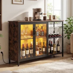 Weinschrank mit LED-Beleuchtung & Weinregalen & Glashalter & Glastür & Steckdosen Barschrank