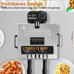 2000W Elektrische Öl-Fritteuse mit 3 Frittierkörben & Einstellbare Temperatur & Sichtfensterdeckel