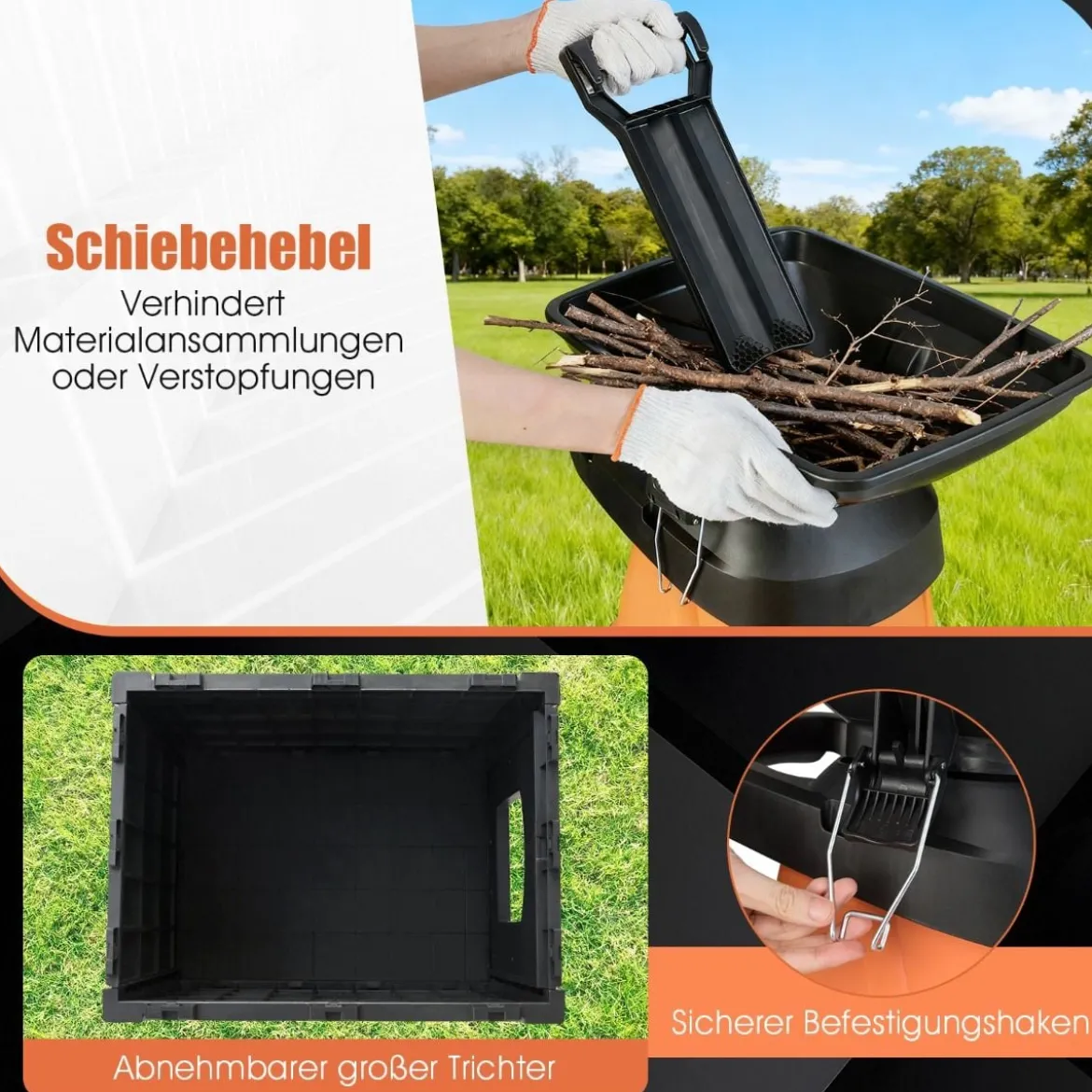 3000W Elektrischer Häcksler mit 50L Auffangbehälter Holzhäcksler Elektro Gartenhäcksler Orange