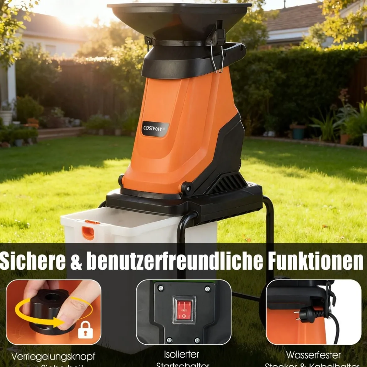 3000W Elektrischer Häcksler mit 50L Auffangbehälter Holzhäcksler Elektro Gartenhäcksler Orange