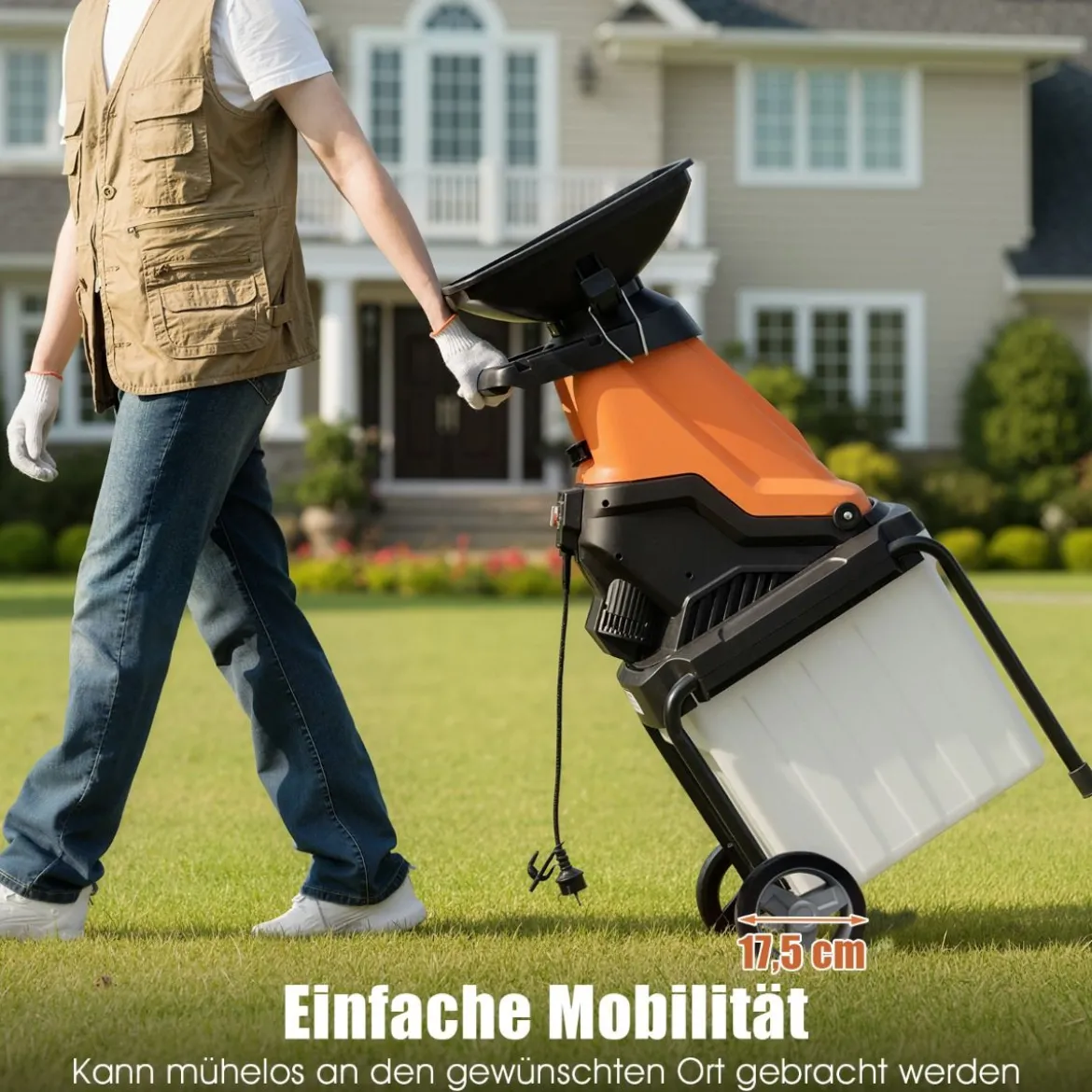 3000W Elektrischer Häcksler mit 50L Auffangbehälter Holzhäcksler Elektro Gartenhäcksler Orange