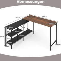 Wendbarer L-förmiger Schreibtisch Eck-Gaming-Schreibtisch mit 2 Aufbewahrungsregalen Computertisch Rustikal Braun