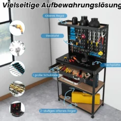 Werkbank mit Stecktafel Arbeitsbank zur Werkzeugaufbewahrung mit Regalen Schublade Schwarz + Blau