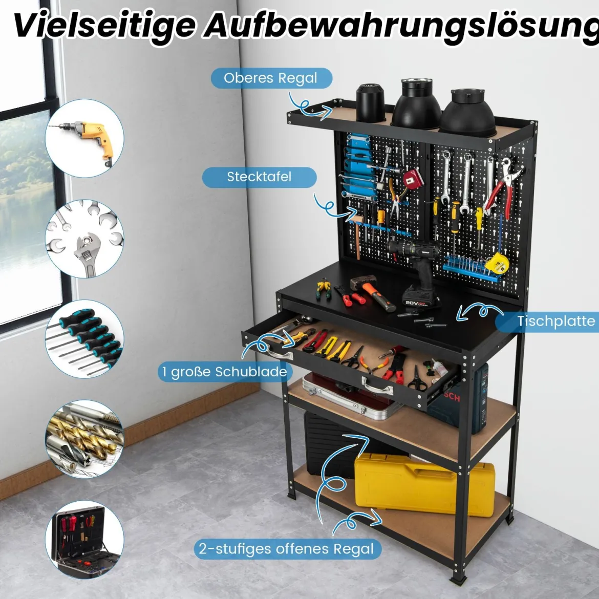 Werkbank mit Stecktafel Arbeitsbank zur Werkzeugaufbewahrung mit Regalen Schublade Schwarz + Blau