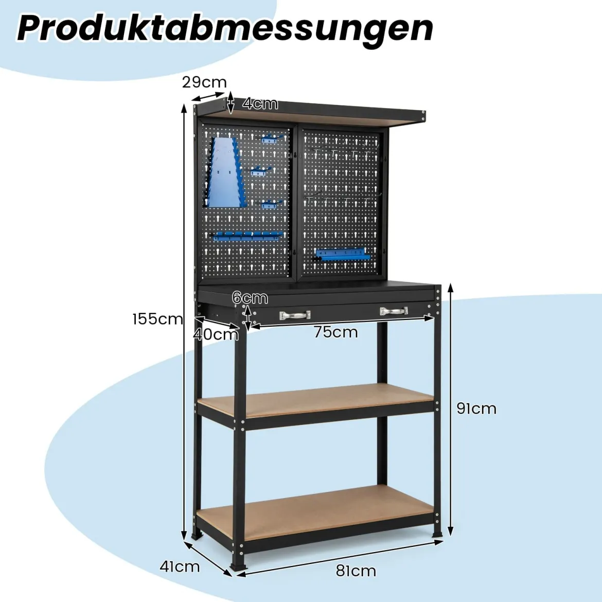 Werkbank mit Stecktafel Arbeitsbank zur Werkzeugaufbewahrung mit Regalen Schublade Schwarz + Blau