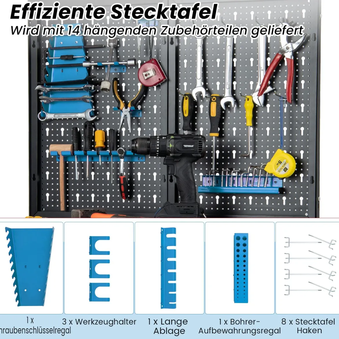 Werkbank mit Stecktafel Arbeitsbank zur Werkzeugaufbewahrung mit Regalen Schublade Schwarz + Blau