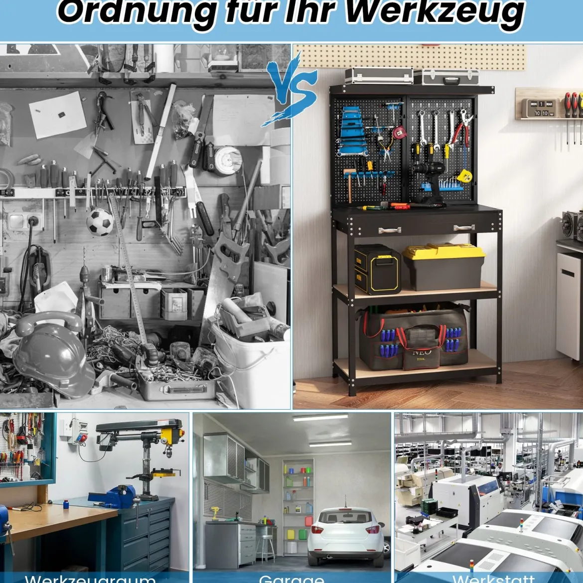 Werkbank mit Stecktafel Arbeitsbank zur Werkzeugaufbewahrung mit Regalen Schublade Schwarz + Blau