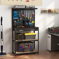 Werkbank mit Stecktafel Arbeitsbank zur Werkzeugaufbewahrung mit Regalen Schublade Schwarz + Blau