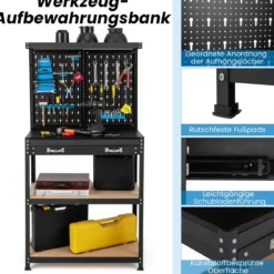 Werkbank mit Stecktafel Arbeitsbank zur Werkzeugaufbewahrung mit Regalen Schublade Schwarz + Blau