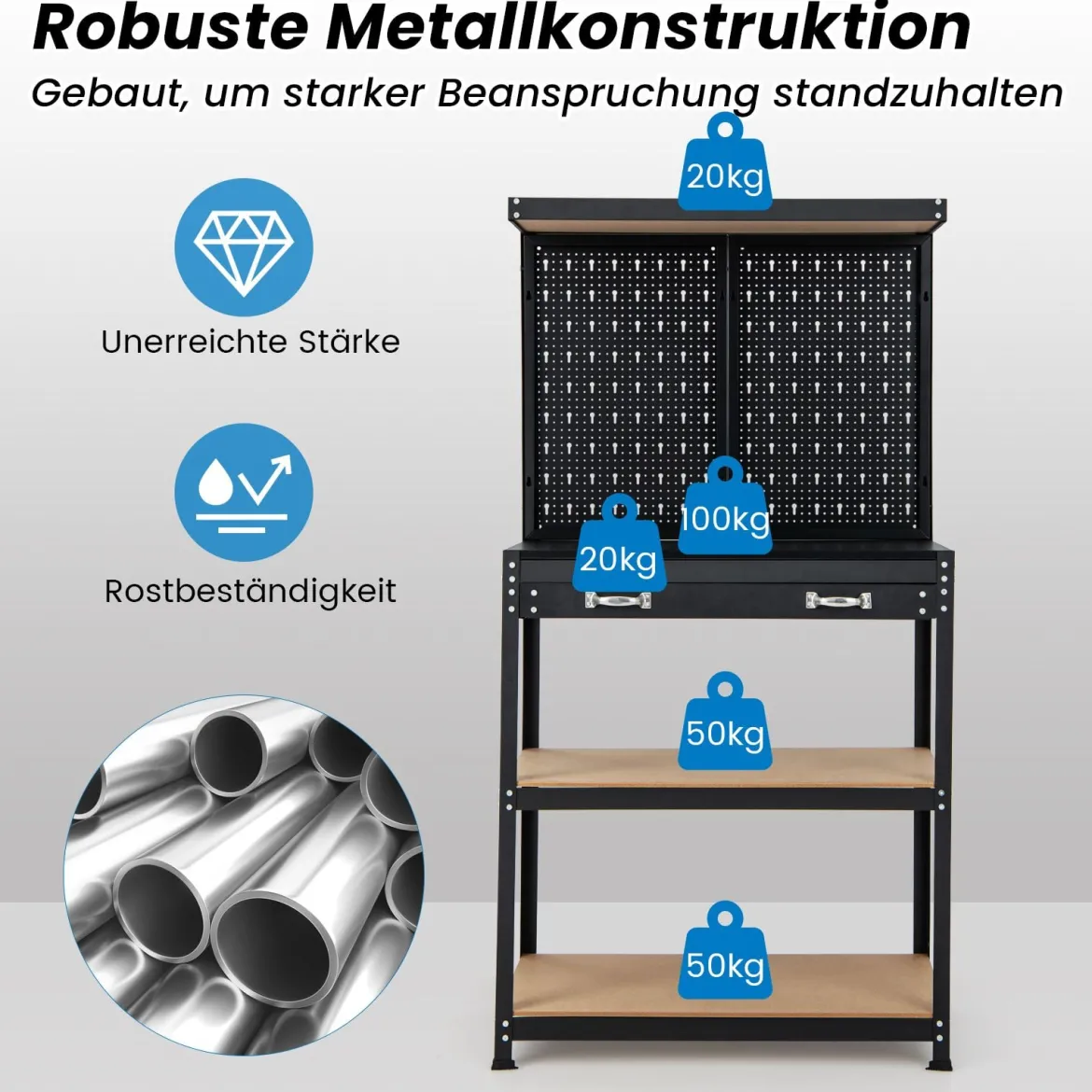Werkbank mit Stecktafel Arbeitsbank zur Werkzeugaufbewahrung mit Regalen Schublade Schwarz + Blau