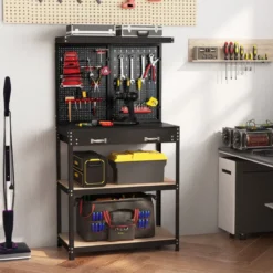Werkbank Werkzeugbank mit Lochwand Werktisch mit Schublade 81 x 41 x 155 cm Schwarz + Rot