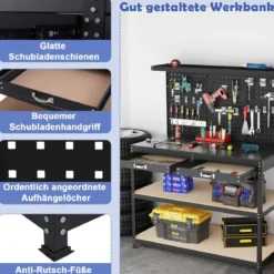 Werkbank 121 x 61 cm 230 kg Tragkraft Arbeitstisch mit Lochwand Werktisch Werkzeugbank Schwarz/Blau