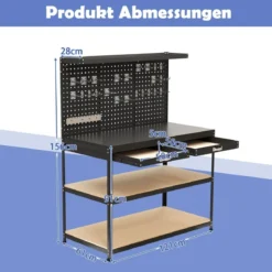 Werkbank 121 x 61 cm 230 kg Tragkraft Arbeitstisch mit Lochwand Werktisch Werkzeugbank Schwarz/Blau