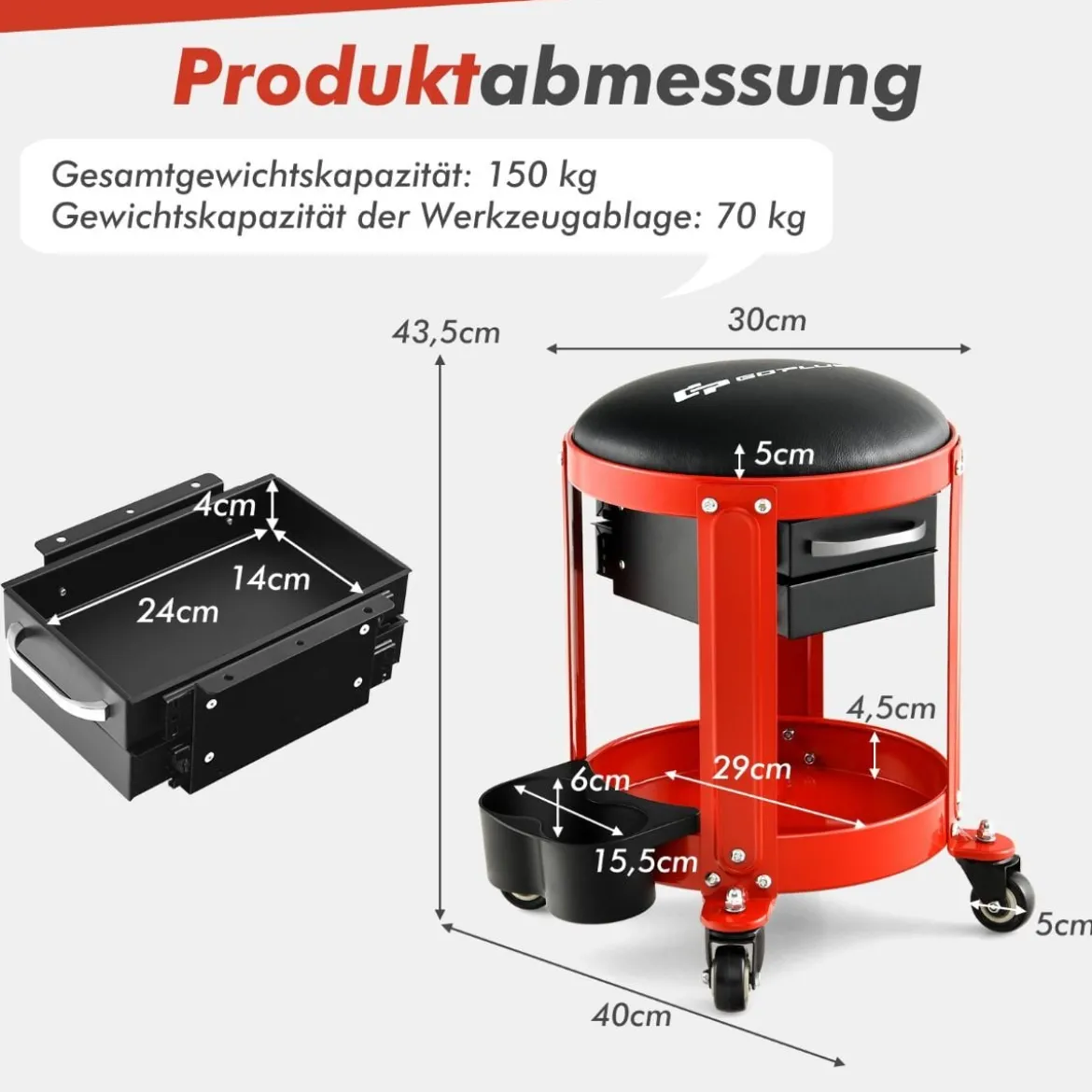 Werkstatthocker 150 kg Belastbar Werkstattsitz mit 2 Schubladen & Dosenhalter